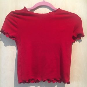 Red Tillys crop top with ruffled sleeves